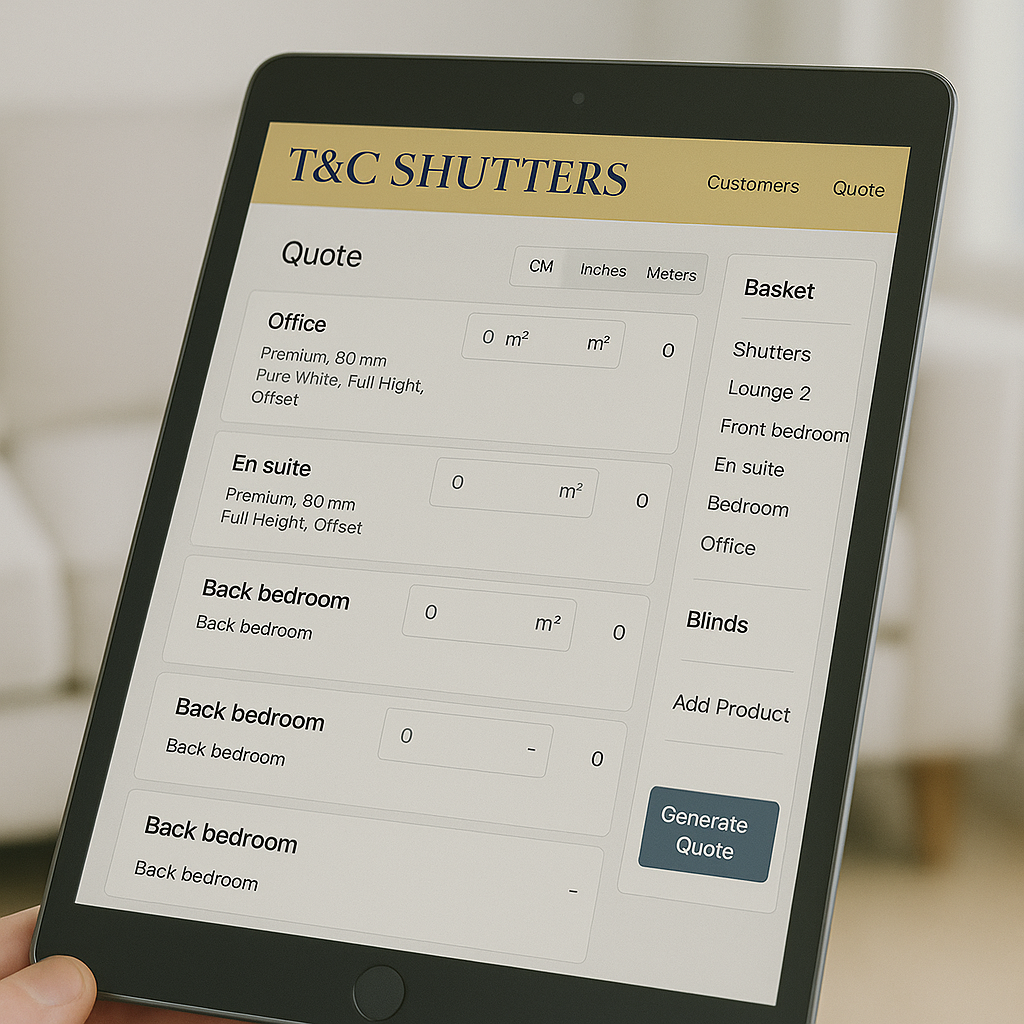 T&C Shutters App Interface
